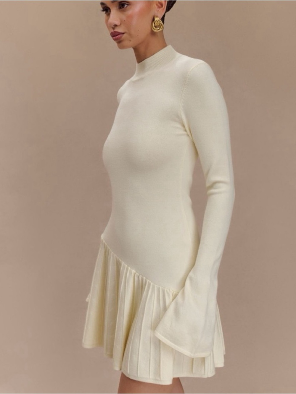 Meshki Cream Pleated Knit Mini Dress